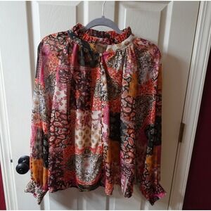 Entro Womens Patchwork Paisley Boho Blouse High Ruffle Neck Lurex Shimmer Large